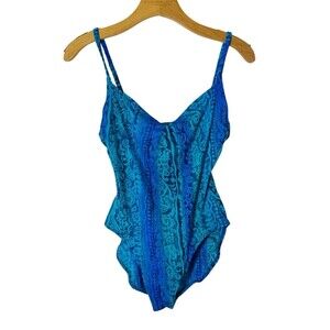 Vintage Kathy Ireland Turquoise One Piece Swim Suit SZ L 12 Royal Blue Paisley